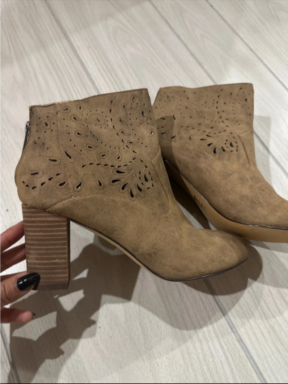 Women's Tan Suede Laser-Cut Ankle Booties with Block Heel